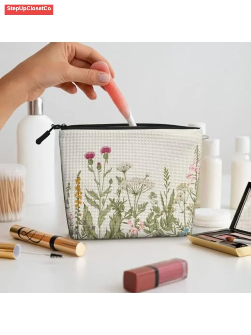 Vintage Floral Cosmetic Bag Splash-Proof Large Capacity Travel Toiletry Zipper